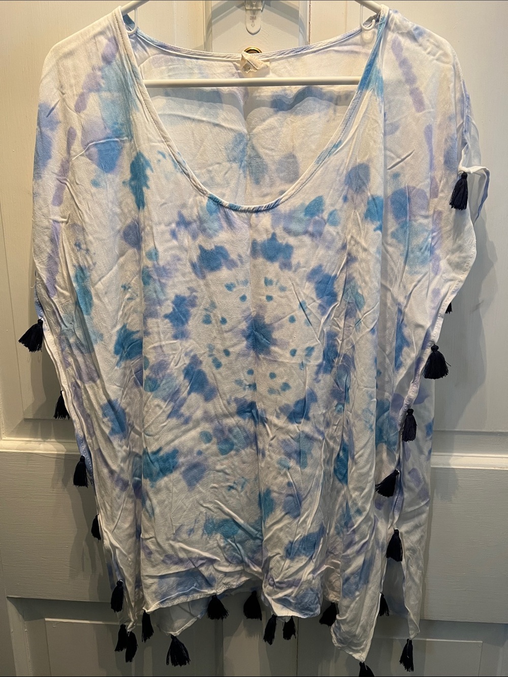 Surf Gypsy White and Blue Tie-Dye Tassel Tunic